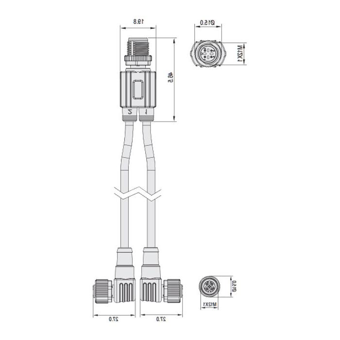 M12 4Pin公头/2M12 3Pin母头90°、Y型预铸防焊渣PUR柔性电缆、橙色护套、64T203-XXX